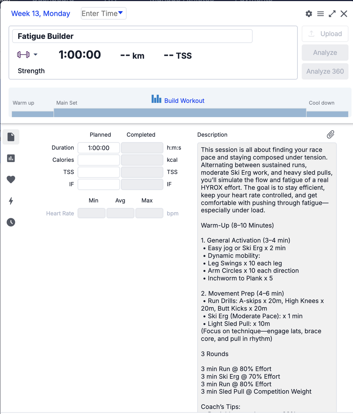 A screenshot of a digital HYROX workout interface titled 'Fatigue Builder' showing workout parameters, progress fields, and a detailed warm-up and workout description in black text on a white background.