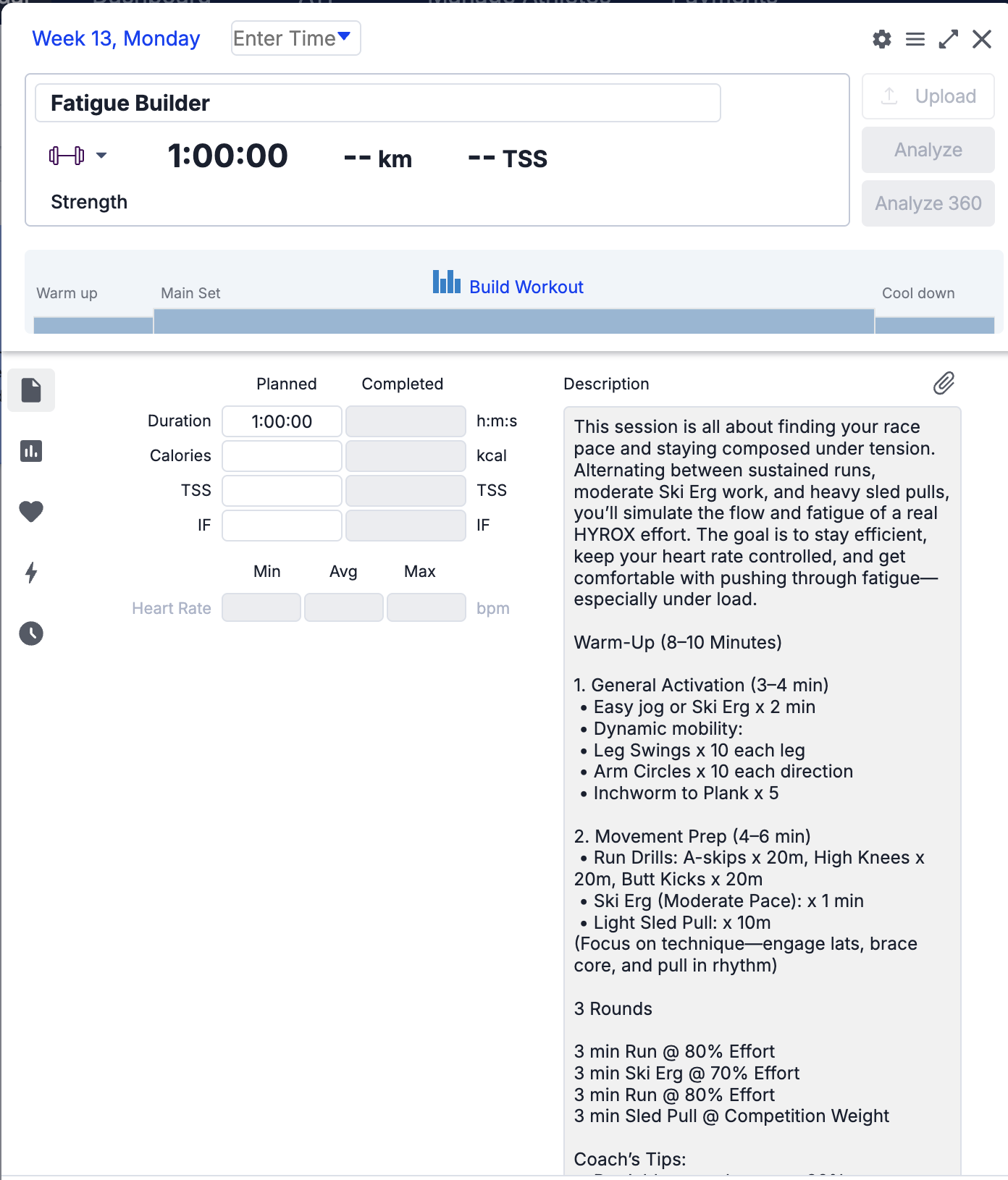 A screenshot of a digital HYROX workout interface titled 'Fatigue Builder' showing workout parameters, progress fields, and a detailed warm-up and workout description in black text on a white background.