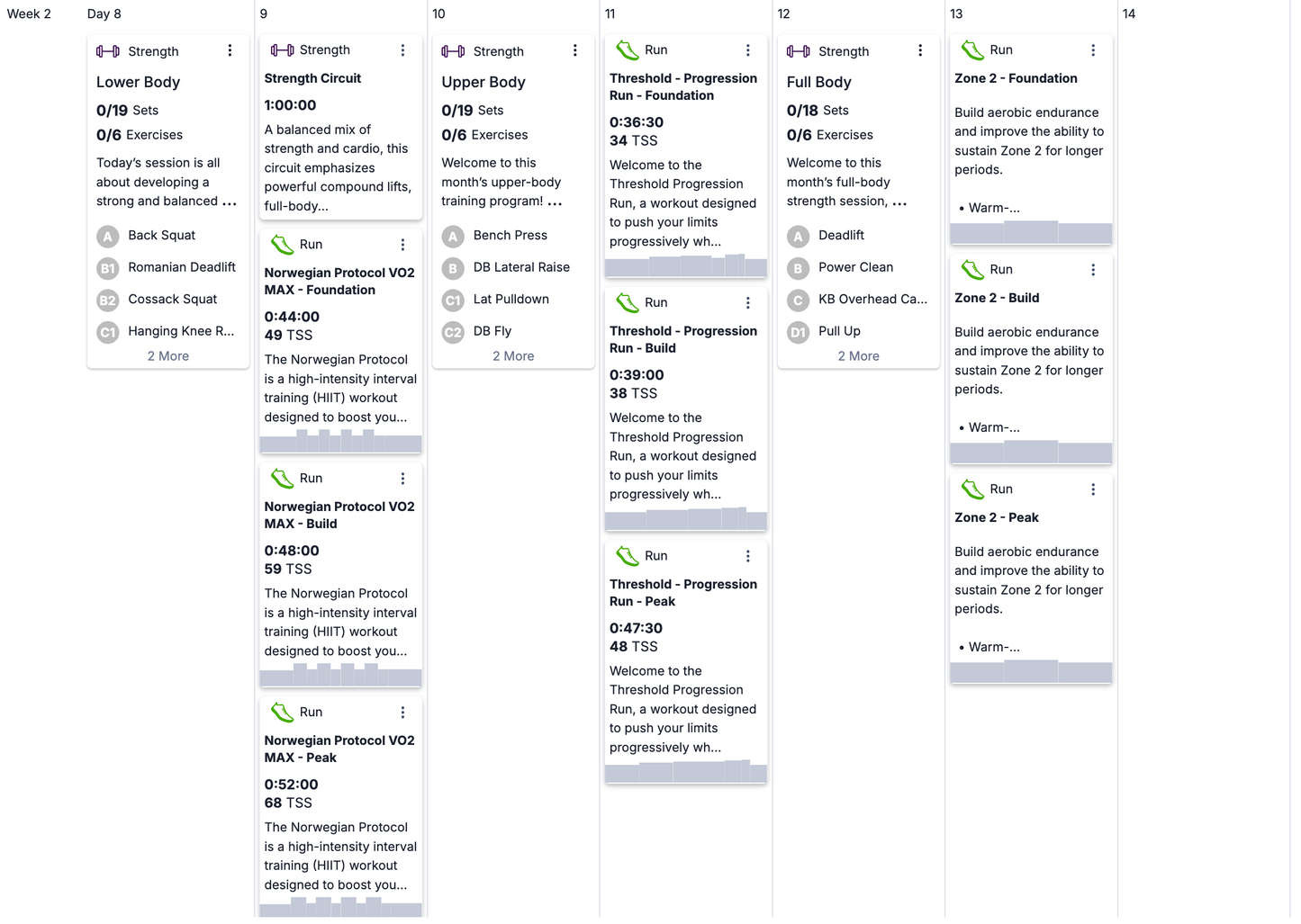 A digital screenshot of a weekly HYROX workout and training log spreadsheet, showing columns for days of the week with workout targets, sets, reps, notes, and links to programs like the Norwegian Protocol and Threshold Progression.