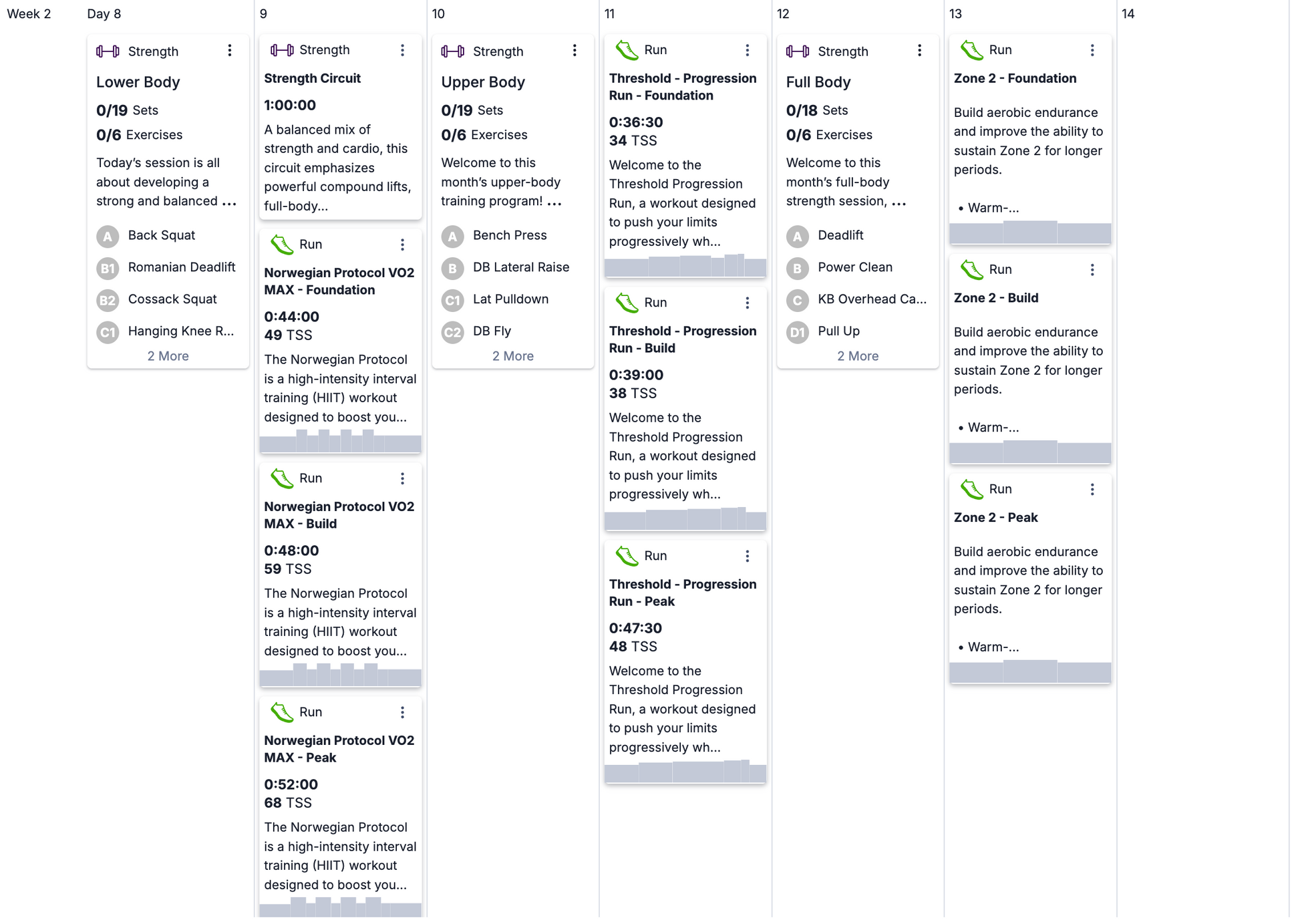 A digital screenshot of a weekly HYROX workout and training log spreadsheet, showing columns for days of the week with workout targets, sets, reps, notes, and links to programs like the Norwegian Protocol and Threshold Progression.