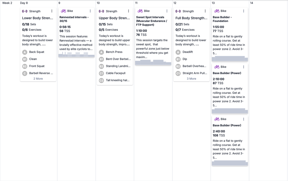 A weekly cycling workout planner sheet showing columns for days 1 through 7, with headers for Week 2 Day 1 through Day 7. The sheet includes time blocks, exercise descriptions such as back squat, bench press, and bike rides, and a small bike logo near the top of several days.