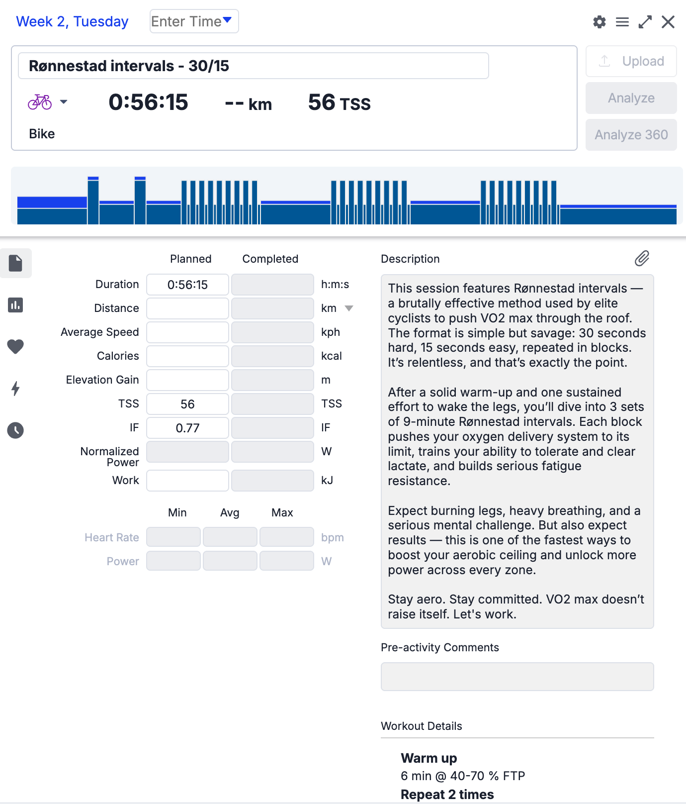 A screenshot of a digital hybrid cycling training dashboard showing the 'Rennestad intervals' workout plan, with time, distance, heart rate, and a blue interval progress bar.